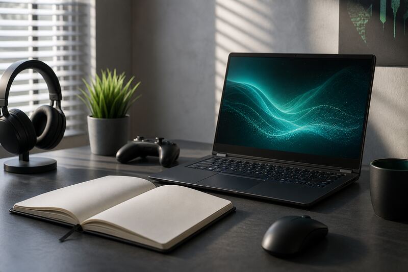 Stanowisko redakcyjne Expert Choice Poland — notes i laptop